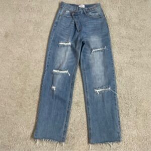 Women's INSANE GENE Crossover Waist DISTRESSED Relaxed BOYFRIEND Denim JEANS  25